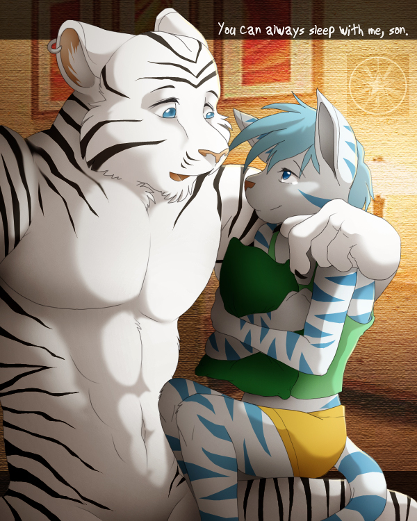 blue_eyes blue_hair child dad father father_and_son feline fur hair male mammal muscles nude parent piercing pillow pyrewerepyre sexywhitetiger snowroserivenstar son tiger underwear white white_fur white_tiger young