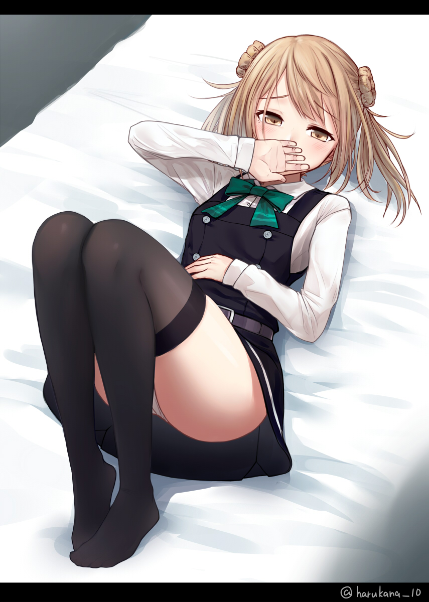 1girl ascot bed black_legwear blush breasts commentary_request covering_mouth double_bun dress eyebrows_visible_through_hair from_above full_body green_neckwear hair_bun hair_flaps hand_on_own_stomach hand_over_own_mouth harukana_(harukana_10) highres kantai_collection light_brown_hair long_sleeves looking_at_viewer lying michishio_(kantai_collection) no_shoes on_back panties pillarboxed pinafore_dress remodel_(kantai_collection) revision shirt short_sleeves short_twintails small_breasts solo thighhighs twintails twitter_username underwear white_panties white_shirt yellow_eyes