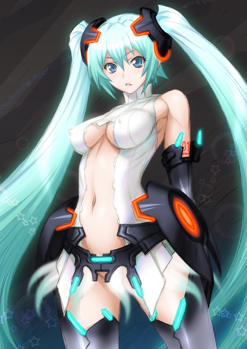 aqua_hair breasts center_opening covered_nipples elbow_gloves gloves groin hatsune_miku hatsune_miku_(append) joy_ride long_hair medium_breasts navel sketch solo star thighhighs twintails very_long_hair vocaloid vocaloid_append