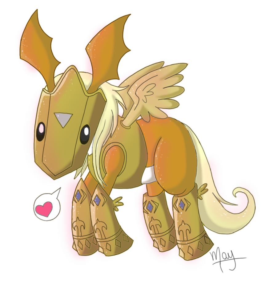 &hearts; armor black_eyes cute digimon equine gold hooves horse mammal orange orange_body pegasmon pegasus pegasusmon solo tail vanilla_dog wings