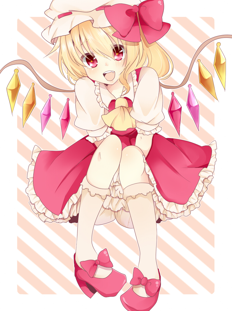 ai_(boredom) ascot bad_id bad_pixiv_id blonde_hair bow crystal fang flandre_scarlet hat long_hair open_mouth red_eyes side_ponytail sitting solo touhou wings