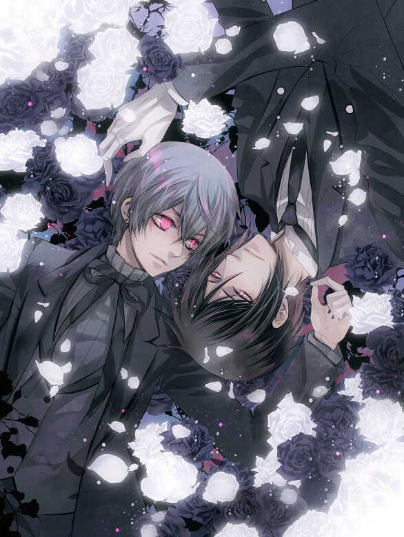 black_flower black_hair black_rose ciel1533 ciel_phantomhive flower formal gloves grey_hair kuroshitsuji lying male_focus multiple_boys petals pink_eyes rose sebastian_michaelis suit white_flower white_gloves white_rose