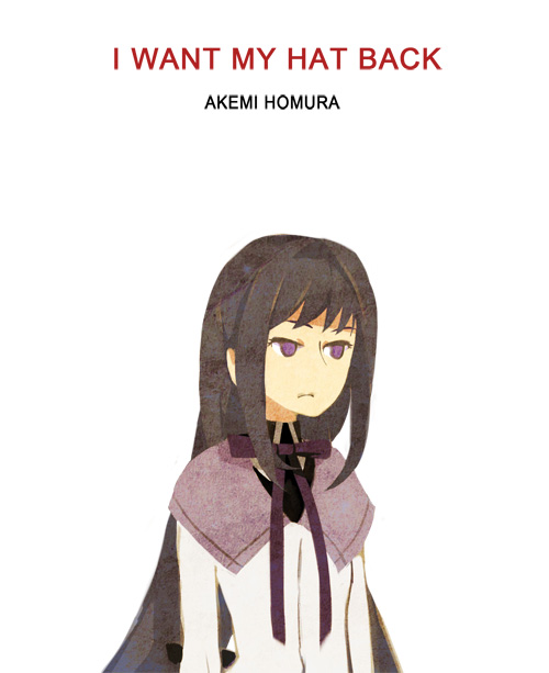 akemi_homura banned_artist capelet i_want_my_hat_back long_hair mahou_shoujo_madoka_magica parody purple_eyes ribbon simple_background solo tribute white_background