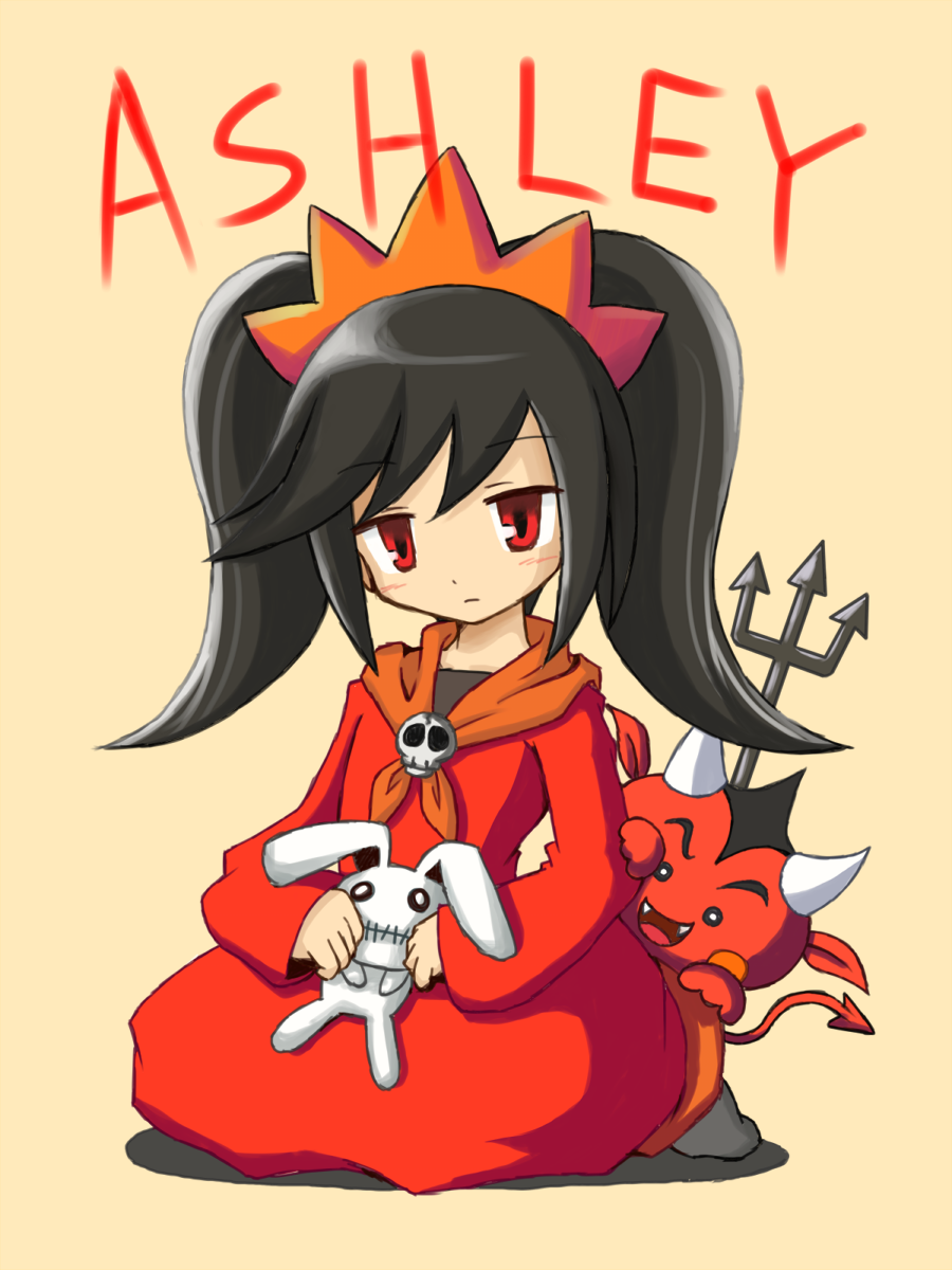 ashley_(warioware) black_hair character_name demon_tail dress highres imp nyamo85 polearm red_(warioware) red_eyes shawl simple_background sitting skull stuffed_animal stuffed_bunny stuffed_toy tail trident twintails warioware weapon