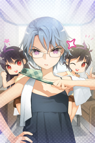 bat black_hair blouse blue_hair clenched_hand collarbone couch esprit glasses hairband hand_on_hip holding long_hair lowres multiple_girls open_mouth pointing purple_eyes red_eyes rion_flina salt_(salty) short_hair shorts sion_flina sleeveless slippers smile sword_girls table tablecloth teeth towel