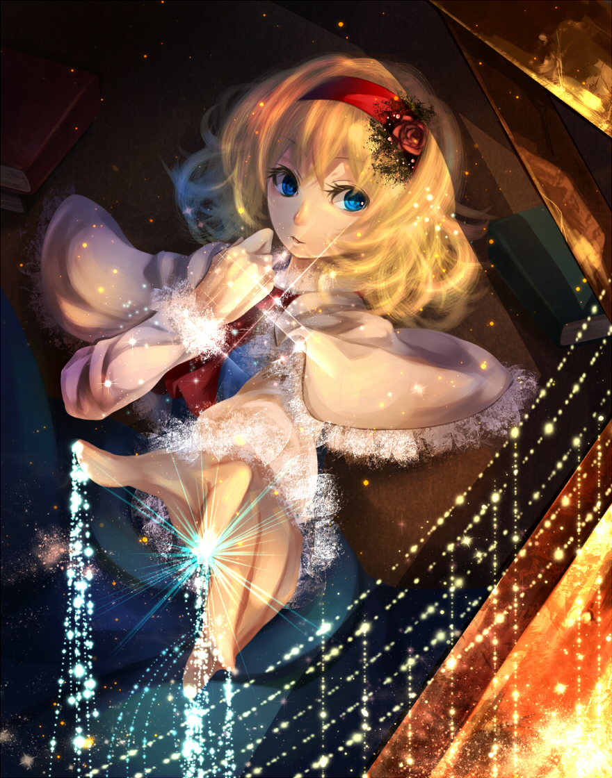 alice_margatroid ascot bad_id bad_pixiv_id blonde_hair blue_eyes book capelet dress flower hairband open_mouth perspective reaching red_flower red_rose rose short_hair silentdin solo sparkle string touhou