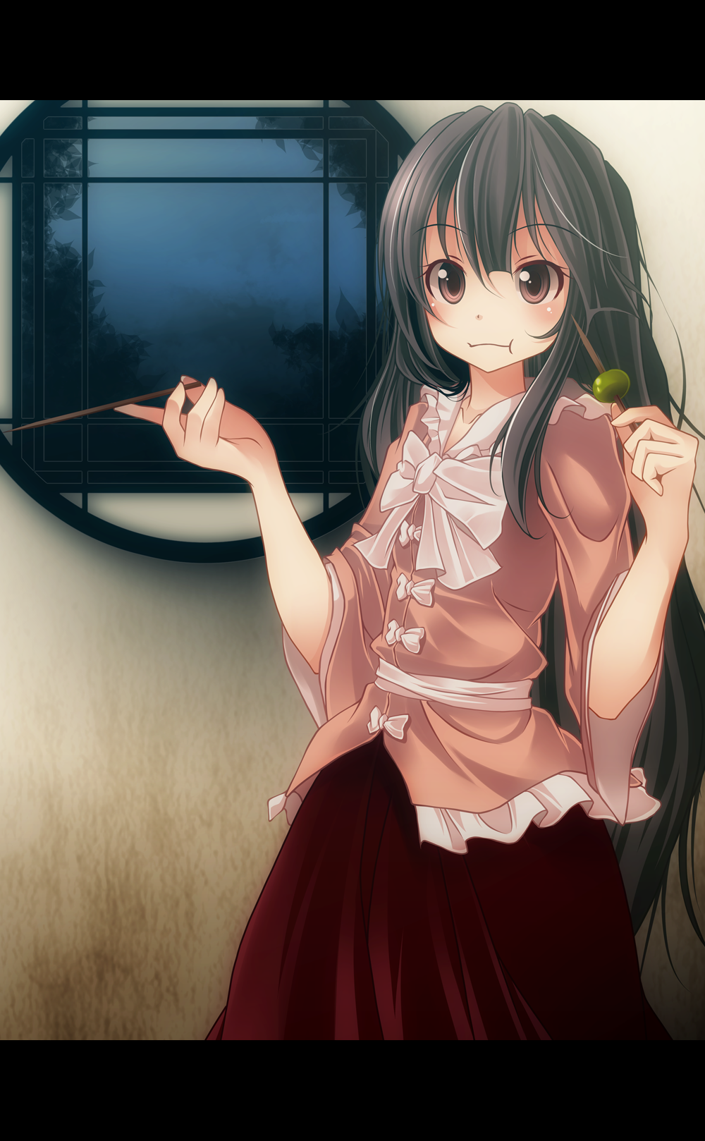 :t bad_id bad_pixiv_id black_hair brown_eyes chewing eating food highres houraisan_kaguya japanese_clothes letterboxed long_hair ribbon round_window s-syogo skirt solo standing stick touhou very_long_hair wide_sleeves window