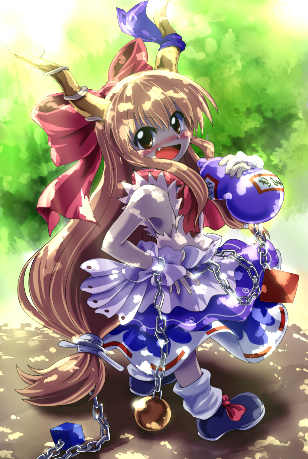 aji082 armpits blonde_hair blush bow brown_eyes chain child cuffs dappled_sunlight fang gourd hair_bow highres horn_ribbon horns ibuki_suika long_hair open_mouth ribbon shackles shirt skirt sleeveless sleeveless_shirt smile solo sunlight touhou tree_shade wrist_cuffs