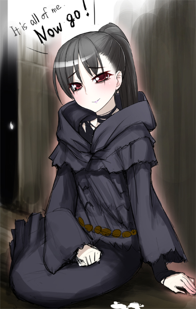 arm_support bad_id bad_pixiv_id black_hair blush dark_souls hand_on_lap hood hood_down kanzaki_muyu looking_at_viewer on_ground ponytail quelaana_of_izalith red_eyes robe sitting solo souls_(from_software)