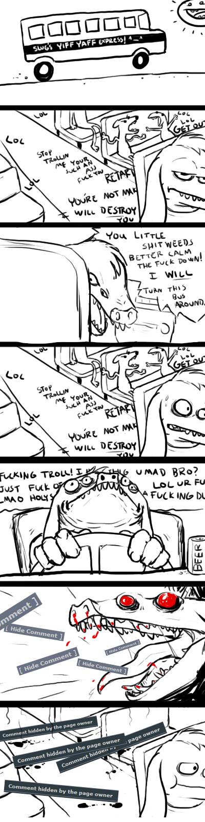 ash beer beverage blood bus character comic driving dui english_text fight furaffinity kids mephitoad red_eyes school_bus slug_(artist) slug_(character) teeth text troll u_mad_bro wheel yelling