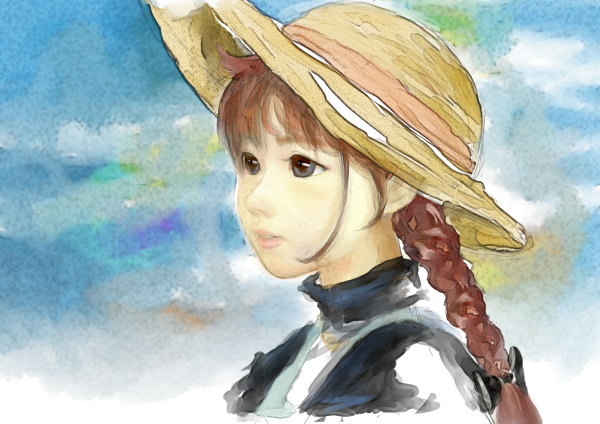 anne_of_green_gables anne_shirley bad_id bad_pixiv_id braid child face hat shizenkaiki traditional_media watercolor_(medium)