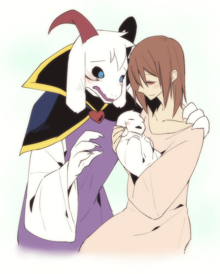 amakagew anthro asriel_dreemurr_(god_form) baby black_sclera blush boss_monster caprine chara_(undertale) clothed clothing dress female fur goat horn human human_on_anthro interspecies male mammal mother parent robe shoulder_cape undertale video_games white_fur young 天影