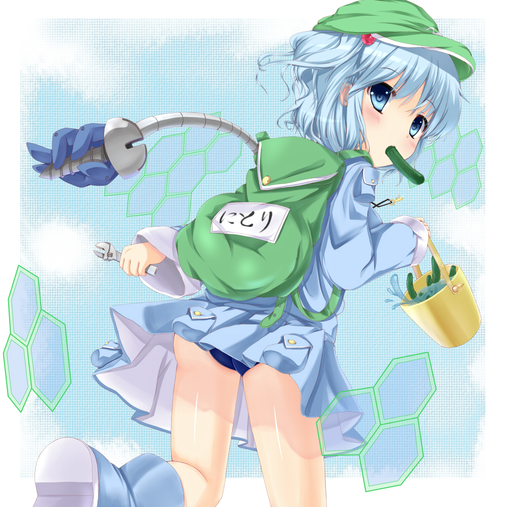 ass backpack bag blue_eyes blue_hair bucket cucumber fujieda_uzuki hair_bobbles hair_ornament hat kawashiro_nitori looking_at_viewer mechanical_arm mouth_hold school_swimsuit short_hair solo swimsuit swimsuit_under_clothes touhou two_side_up water wrench