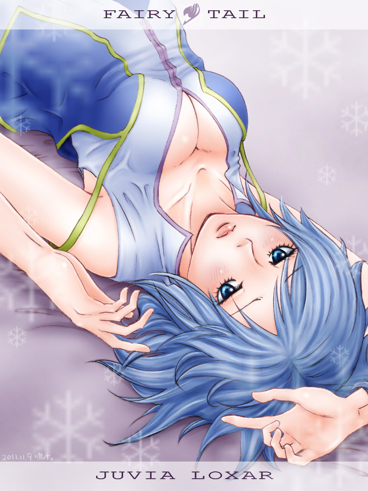 2011 arm_up blue_eyes blue_hair blush breasts character_name cleavage copyright_name dated fairy_tail juvia_lockser large_breasts lying natto-mochi on_back snowflakes solo strap_slip upside-down