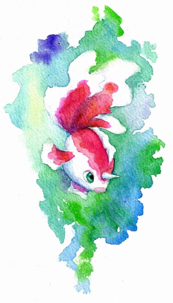 fins fish goldeen green_eyes horn marine night_owl nintendo painting plain_background pok&#233;mon pok&eacute;mon red red_body solo traditional_media video_games watercolor_(art) watercolour white white_background white_body