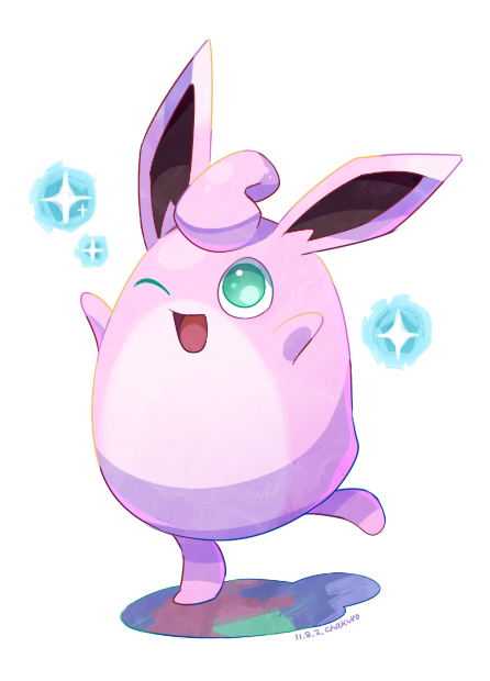 ambiguous_gender cyan_eyes hair_tuft nintendo one_eye_closed open_mouth plain_background pok&#233;mon pok&eacute;mon smile solo standing_on_one_foot video_games white_background wigglytuff wink yamikuro8396