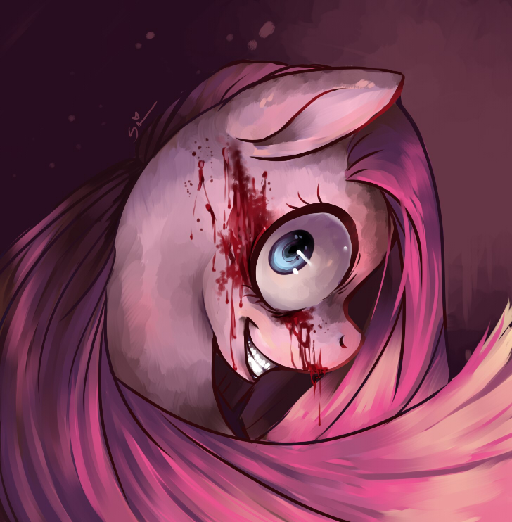 blood equine female friendship_is_magic grin heartagram horse looking_back mammal menacing my_little_pony nightmare_fuel pinkamena_(mlp) pinkie_pie_(mlp) pony signature smile solo teeth where_is_your_god_now