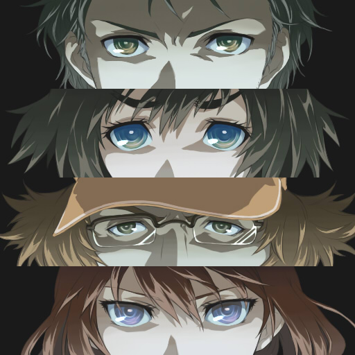 2girls column_lineup hashida_itaru ikeshita makise_kurisu multiple_boys multiple_girls okabe_rintarou parody persona persona_eyes shiina_mayuri steins;gate