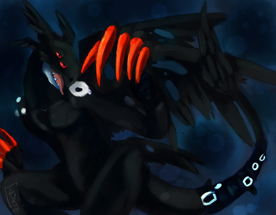 black claws cool_colors dark_theme devidramon digimon dragon male red_eyes scalie slit_pupils solo tail teeth tongue tongue_out valorrous wings