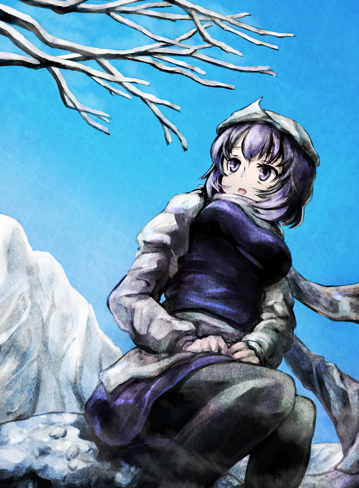 breasts dress hands_on_thighs large_breasts lavender_hair letty_whiterock open_mouth pantyhose purple_eyes scarf short_hair sitting smile solo touhou tree winter yagi_(sinnsyou)