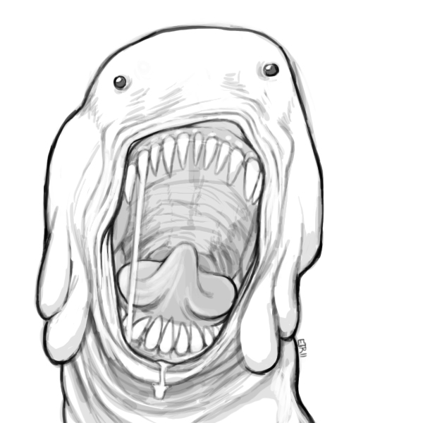 creature gaping_maw monster open_mouth plain_background saliva slug_(artist) teeth tongue uhoh unknown_species white_background