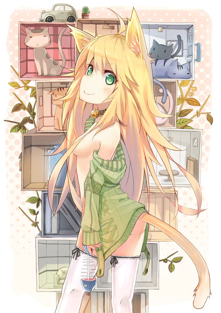 &gt;:) ahoge animal_ears bad_perspective bell bell_collar blonde_hair blush breasts cat cat_ears cat_tail collar fish green_eyes hair_over_breasts hoshii_miki idolmaster idolmaster_(classic) kemonomimi_mode long_hair medium_breasts nerima_(neconicoban) no_pants off_shoulder open_clothes smile solo tail thighhighs undressing v-shaped_eyebrows white_legwear