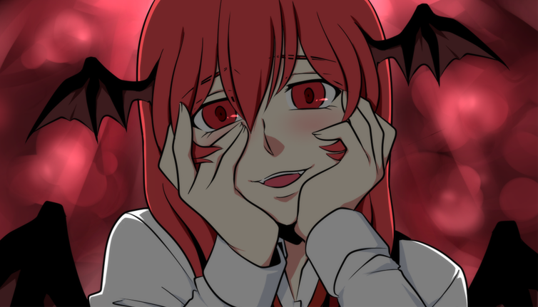 bat_wings face fangs hands hands_on_own_cheeks hands_on_own_face head_wings koakuma long_hair neko_majin open_mouth parody red_eyes red_hair simple_background smile solo touhou wings yandere_trance
