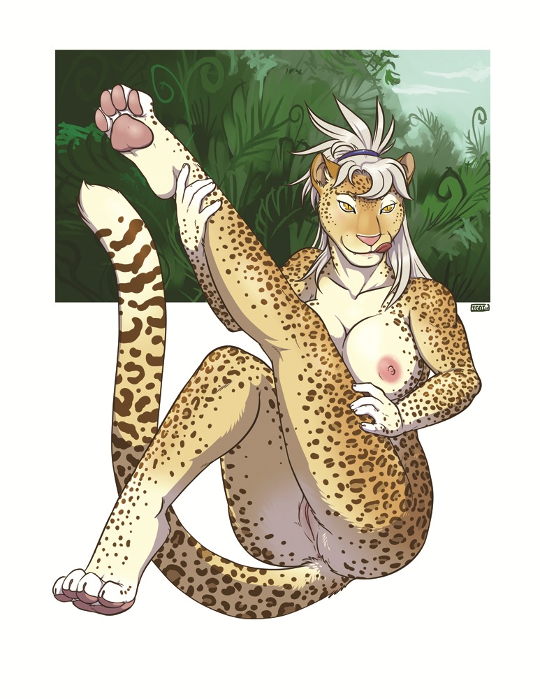 anthro anus breasts feline female grey_hair hair hindpaw iggi jaguar leopard licking licking_lips looking_at_viewer mammal nipples nude paws pinup pose post pussy sitting solo tongue