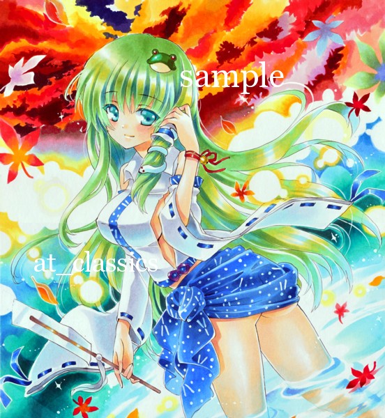 at_classics bare_shoulders blue_eyes blush breasts detached_sleeves frog green_hair hair_ornament hair_tubes kochiya_sanae large_breasts leaf long_hair marker_(medium) sample sideboob skirt smile snake solo touhou traditional_media water