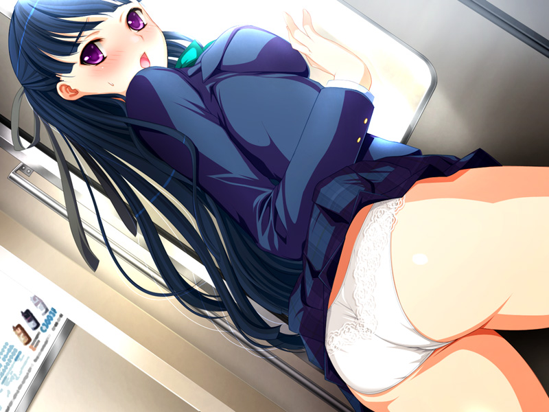 ass black_hair blush chikan_sen'you_sharyou game_cg indoors koizumi_amane long_sleeves open_mouth panties purple_eyes solo takatou_mizuki underwear white_panties