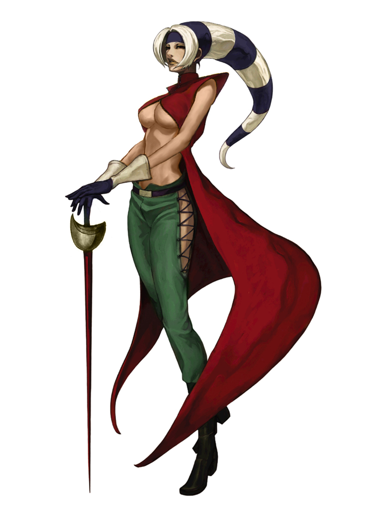 boots breasts cape concept_art foxy_(kof) gloves headband lips long_hair medium_breasts nona rapier scrunchie sleeveless solo sword the_king_of_fighters the_king_of_fighters_2001 underboob weapon white_hair