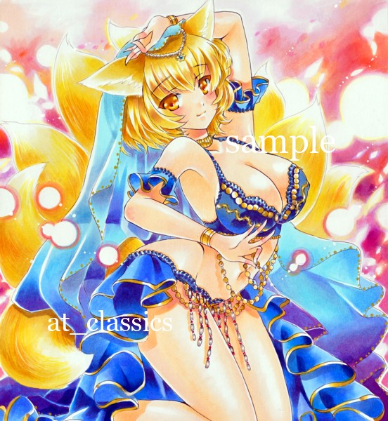 alternate_costume animal_ears arm_up at_classics bare_legs bare_shoulders blonde_hair bracelet breasts brown_eyes cleavage dancer fox_ears fox_tail harem_outfit jewelry large_breasts light_smile marker_(medium) multiple_tails navel necklace sample short_hair solo tail touhou traditional_media veil yakumo_ran yellow_eyes