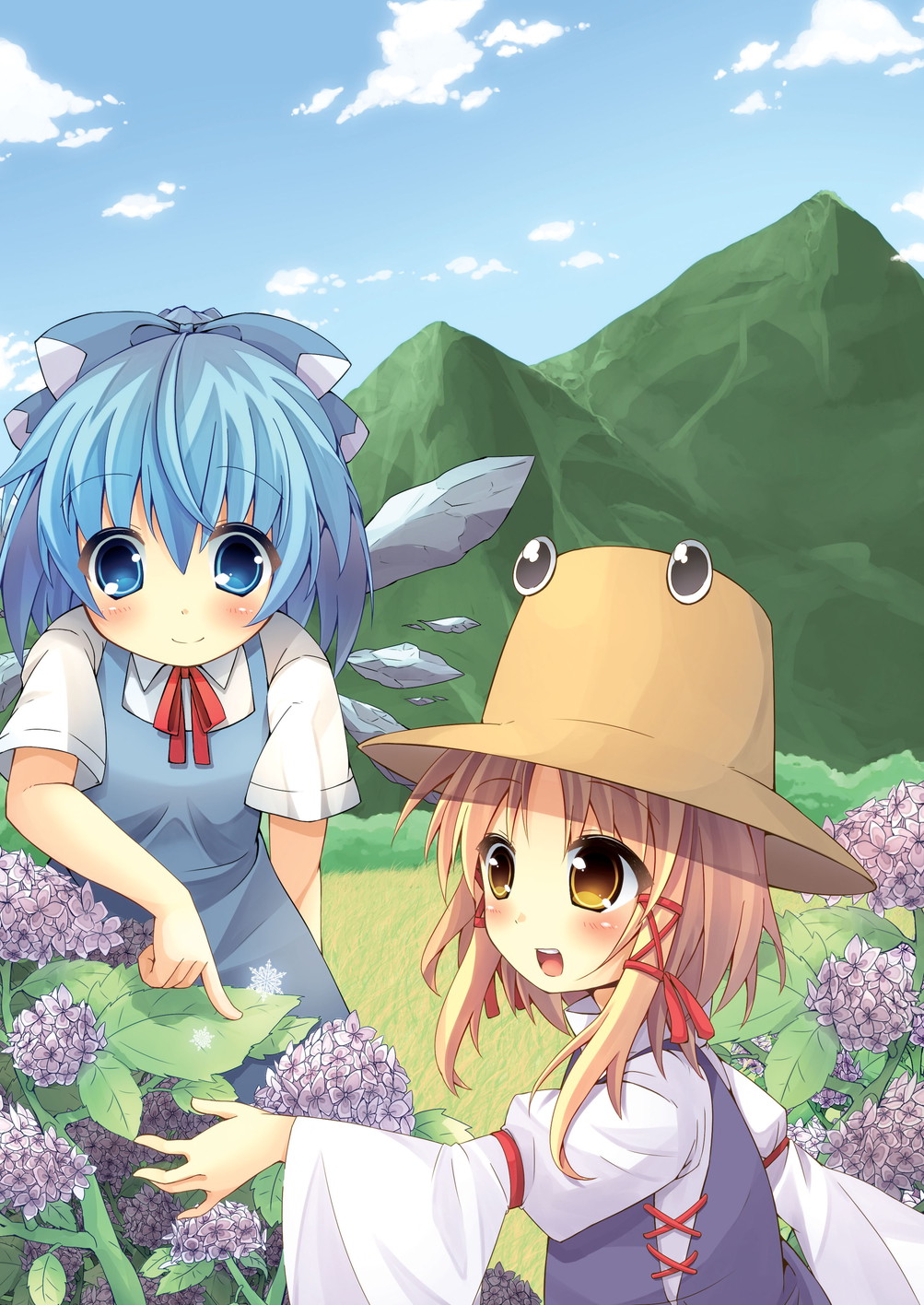 adapted_costume bad_id bad_pixiv_id blonde_hair blue_dress blue_eyes blue_hair blush bow cirno cloud day dress flower grass hair_bow hair_ribbon hat highres hill hydrangea ice ice_wings leaf moriya_suwako mountain multiple_girls open_mouth oruto_(ort+) ribbon short_hair sky smile touching touhou wide_sleeves wings yellow_eyes