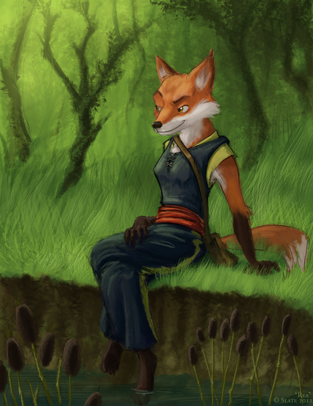 anthro canine clothed clothing female forest fox mammal outside scenery slate solo tree wood