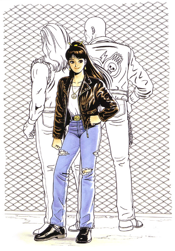 2boys 90s alternate_costume biker_clothes boots chain-link_fence denim earrings fatal_fury fence hand_on_hip jacket jeans jewelry mori_toshiaki multiple_boys necklace official_art pants partially_colored peace_symbol ponytail ripped_jeans shiranui_mai the_king_of_fighters torn_clothes torn_jeans torn_pants