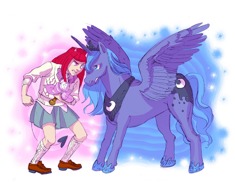 alicorn blue_eyes blue_hair bring_it_on challenge_accepted clenched_teeth clothed clothing concentration crossover crown cute cutie_mark demon diva_beelze equine evil_diva face_to_face female feral focus friendship_is_magic game hair hooves horn horse long_hair mammal my_little_pony pony princess princess_luna_(mlp) purple_body red_hair royalty shoes silly skirt skull socks spade_tail standing staring_contest tail team_diva teeth unknown_artist wand webcomic winged_unicorn wings