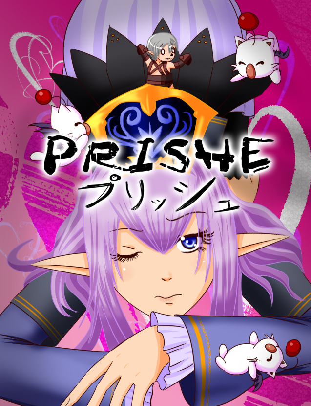 1girl atlus bangs bent_over blue_eyes blush catherine_(game) catherine_cover_parody cover crossover crown elf elvaan eyelashes final_fantasy final_fantasy_xi frown long_hair moogle o_o parody pointy_ears prishe purple_hair skirt wink