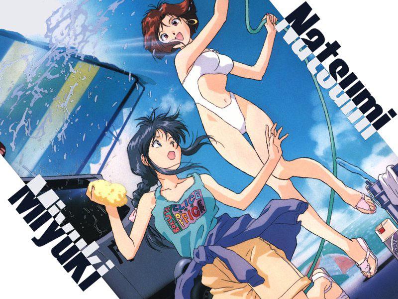 90s :d artist_request beach_umbrella black_hair blue_eyes braid breasts brown_hair bucket can car car_wash casual casual_one-piece_swimsuit character_name clothes_around_waist clothes_writing cloud day dutch_angle earrings english ground_vehicle hair_ribbon highleg highleg_swimsuit holding honda honda_today hoop_earrings hose jacket jacket_around_waist jewelry jpeg_artifacts kneeling kobayakawa_miyuki leg_lift legs long_hair long_legs looking_at_another looking_at_viewer medium_breasts motor_vehicle multiple_girls navel navel_cutout ocean official_art one-piece_swimsuit one_eye_closed open_mouth outdoors outstretched_arms police_car purple_eyes ribbon sandals short_hair shorts sidelocks single_braid sky smile sponge spray standing standing_on_one_leg swimsuit tank_top thigh_gap tiptoes tsujimoto_natsumi umbrella washing water white_swimsuit wince you're_under_arrest