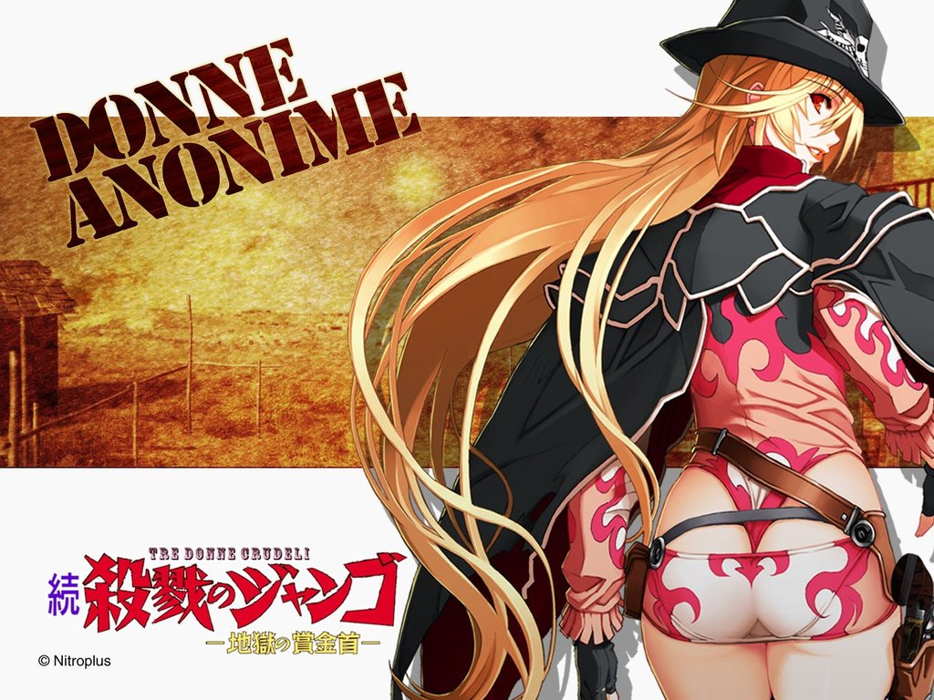 ass blonde_hair cowboy_hat donne_anonime fingerless_gloves from_behind gloves gun handgun hat holster lipstick long_hair looking_back makeup nishii_(nitroplus) pantylines poncho red_eyes skin_tight smile solo standing very_long_hair wallpaper weapon western zoku_satsuriku_no_django