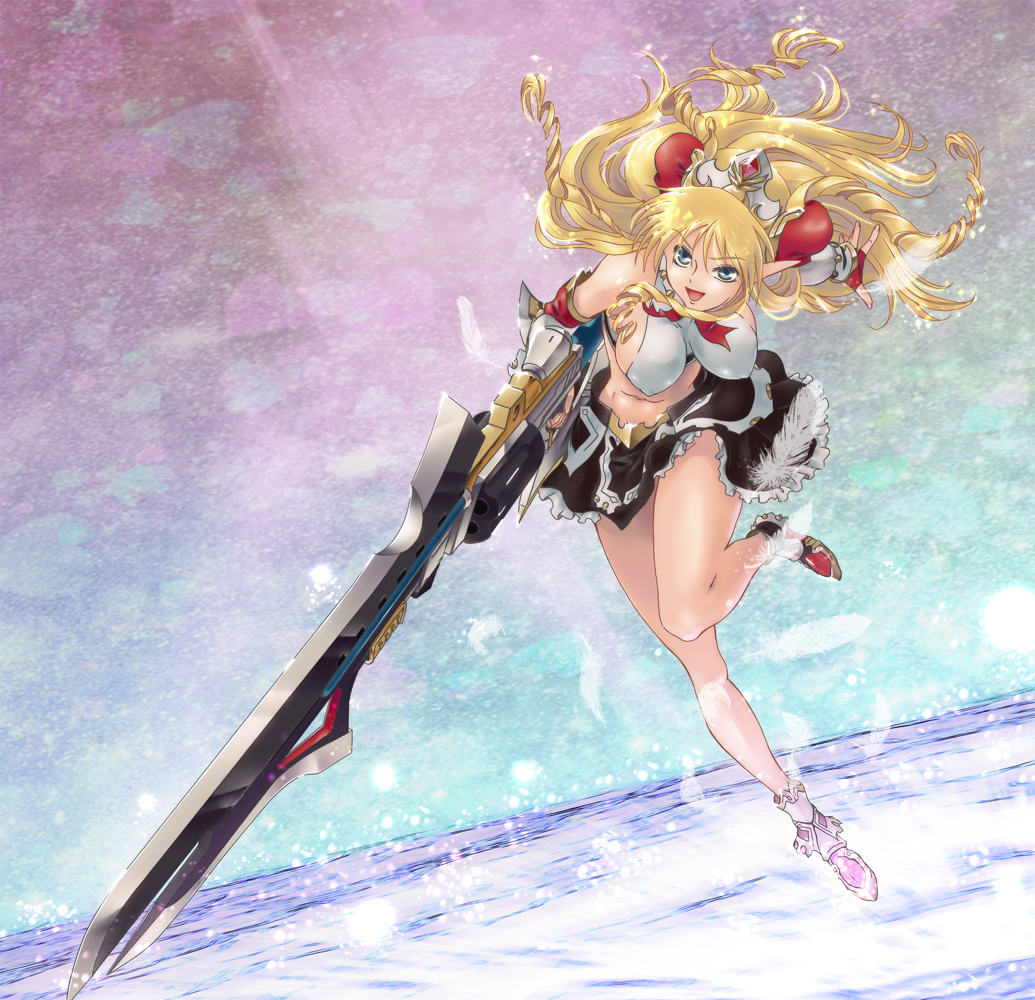 aqua_eyes blonde_hair breasts covered_nipples crown drill_hair elf feathers fingerless_gloves frills gloves gunblade hairpods hanging_breasts happy huge_weapon large_breasts legs long_hair long_legs midriff msda neige_hausen pointy_ears sideboob skirt smile solo super_robot_wars super_robot_wars_og_saga_mugen_no_frontier super_robot_wars_og_saga_mugen_no_frontier_exceed sword thighs weapon