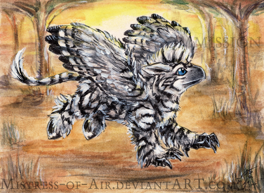 ambiguous_gender annoying_watermark avian beak black black_feathers blue_eyes claws cute equine feral hippogriff hippogryph hooves hybrid mammal mistress-of-air outside solo stripes sunset tail tree watermark white white_feathers wings wood zebra
