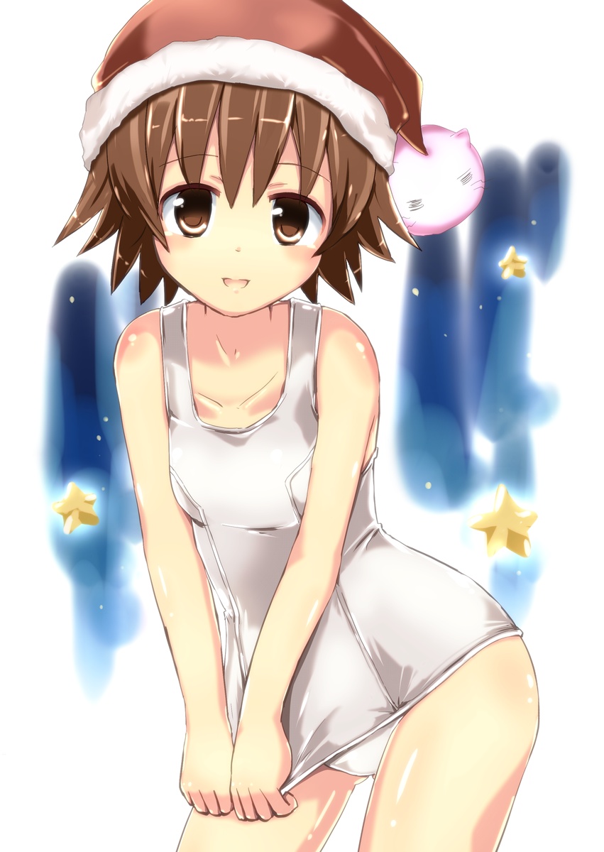 brown_eyes brown_hair hat highres naka one-piece_swimsuit santa_hat sawatari_fuu school_swimsuit shiny shiny_clothes short_hair solo swimsuit swimsuit_pull tamayura white_school_swimsuit white_swimsuit