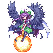 ahoge arm_cannon bad_id bad_pixiv_id bow brown_hair cape full_body hair_bow kou_2008 long_hair lowres pixel_art reiuji_utsuho skirt solo touhou transparent_background very_long_hair weapon wings