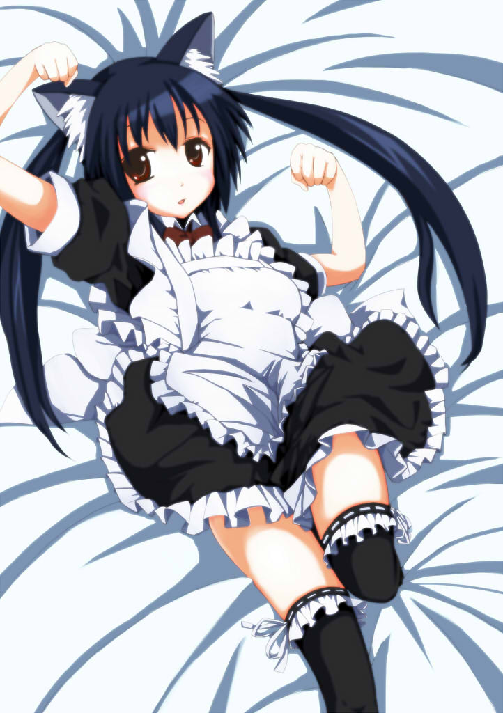 animal_ears bad_id bad_pixiv_id black_hair brown_eyes cat_ears k-on! long_hair lying maid nakano_azusa paw_pose solo thighhighs twintails usual