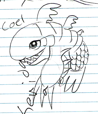 black_and_white claws coelacanth coelamon digimon fish lined_paper male marine monochrome sketch solo teeth unknown_artist