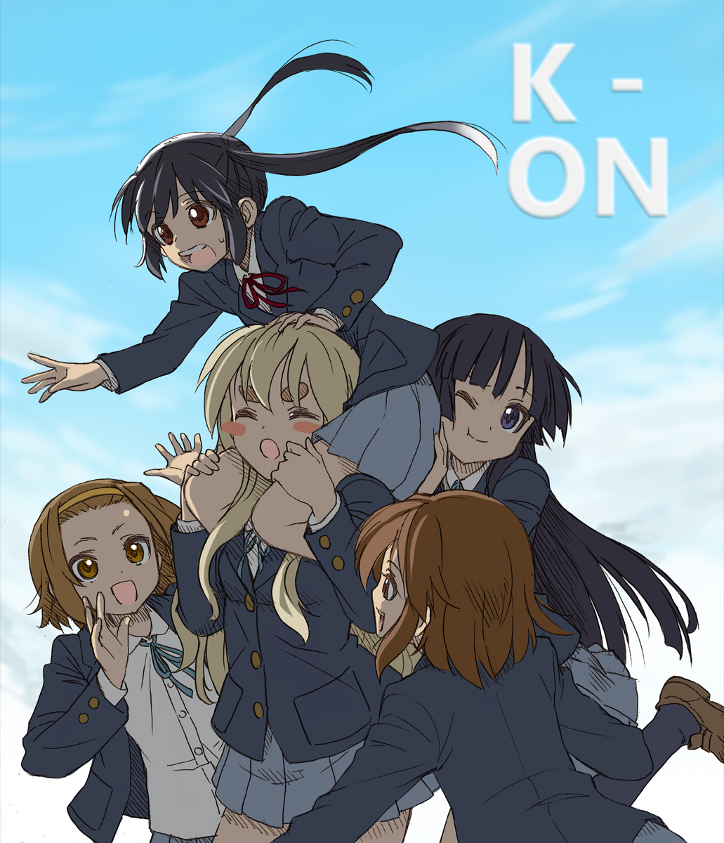 akiyama_mio black_hair brown_eyes brown_hair carrying closed_eyes highres hirasawa_yui k-on! kotobuki_tsumugi long_hair multiple_girls nakano_azusa one_eye_closed sabaku_chitai school_uniform short_hair shoulder_carry tainaka_ritsu twintails