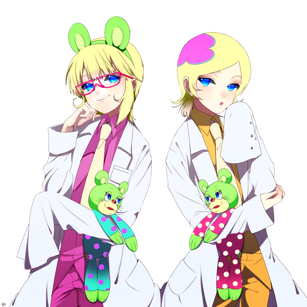 animal_ears bad_id bad_pixiv_id blonde_hair blue_eyes cougar doctor dual_persona glasses irabu_ichirou kuuchuu_buranko labcoat long_sleeves male_focus multicolored_hair multiple_boys necktie open_mouth sleeves_past_wrists smile stuffed_animal stuffed_toy time_paradox transparent transparent_background trapeze