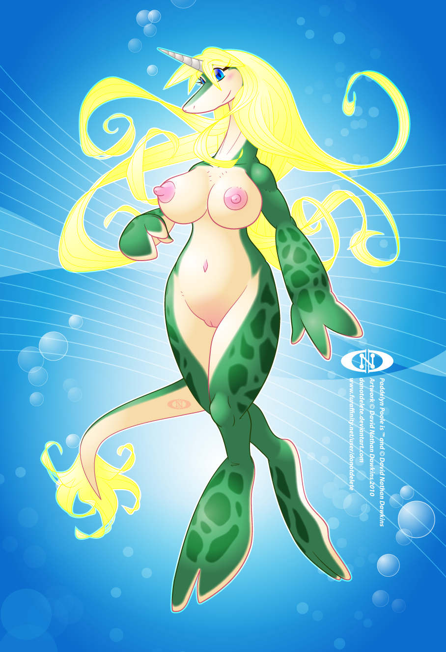 anthro big_breasts blonde_hair breasts cetacean david_nathan_dawkins female flippers green green_body hair horn long_blonde_hair long_hair mammal marine narwhal navel nipples nude podelyn_poole pussy solo tail underwater water wide_hips