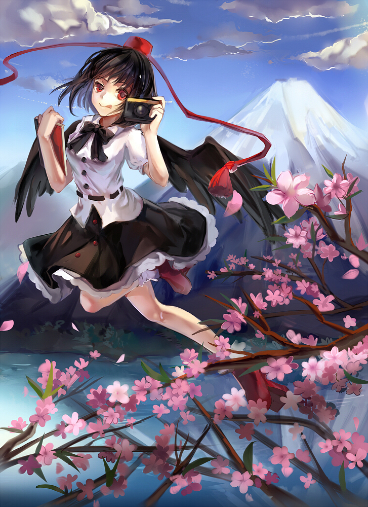 :q black_hair black_wings camera cherry_blossoms flying geta hat looking_at_viewer mountain red_eyes rifsom shameimaru_aya short_hair skirt solo tokin_hat tongue tongue_out touhou wings