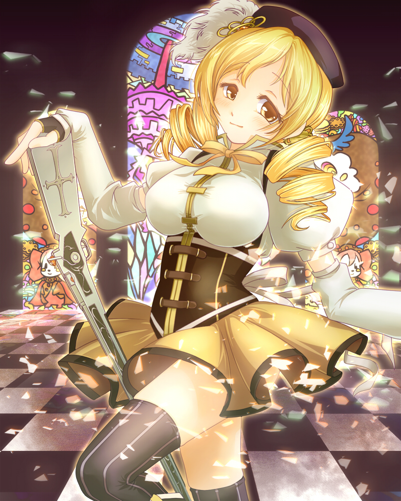 akitsukisaya beret between_legs blonde_hair breasts charlotte_(madoka_magica) checkered checkered_floor corset detached_sleeves drill_hair fingerless_gloves gloves gun hair_ornament hat large_breasts magical_musket mahou_shoujo_madoka_magica pleated_skirt puffy_sleeves shirt skirt solo stained_glass striped striped_legwear taut_clothes taut_shirt thighhighs tomoe_mami vertical-striped_legwear vertical_stripes walpurgisnacht_(madoka_magica) weapon window yellow_eyes